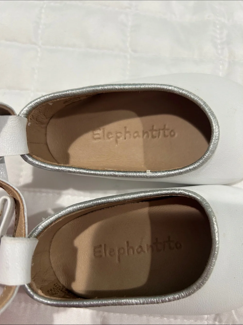 Elephantito White Mary Jane Shoes with Silver Trim